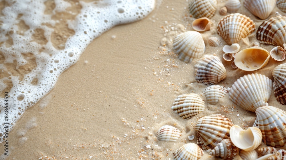 Seashells in the sand: A close-up of seashells scattered on sandy beach, with clear space for text Seashells in the sand: A close-up of seashells scattered on sandy beach, with clear space for text
