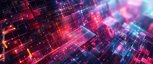 Wallpaper Mural Abstract Hi-Tech Background with Rectangular Shapes and Lines: 3D Rendering of Data Flow and Geometric Forms in Bright, Realistic Colors Torontodigital.ca