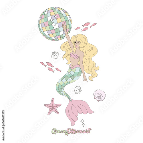 Dancing mermaid with disco ball vector illustration. Groovy mermaid pre-made card 