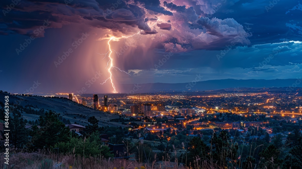 Fototapeta premium Lightning Strikes Over a Cityscape at Night