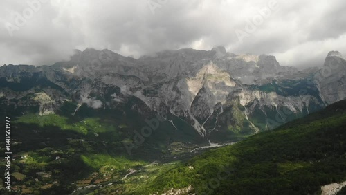 Drone video of mountains ranges of Theth National Park in the Albanian Alps photo