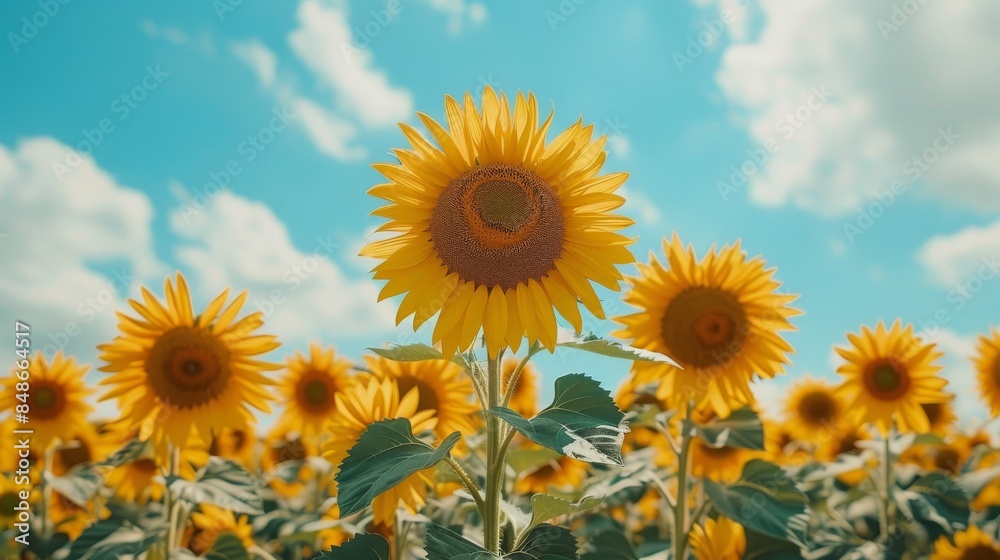 Fototapeta premium Sunflower field: A field of tall sunflowers with a bright blue sky above, leaving room for text