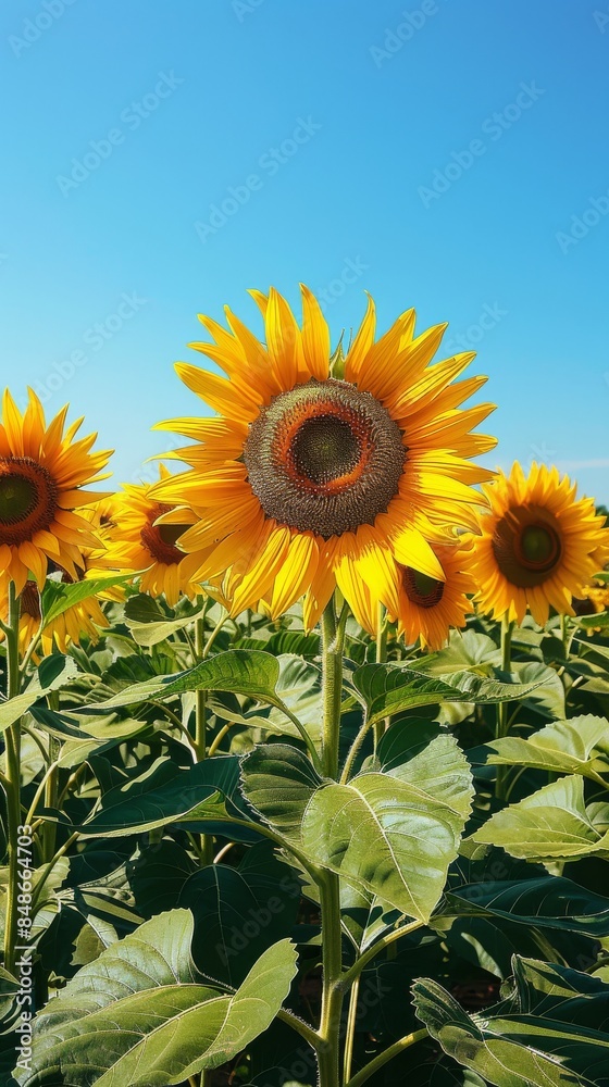 Fototapeta premium Sunflower field: A field of tall sunflowers with a bright blue sky above, leaving room for text