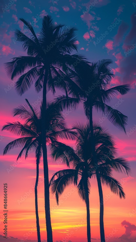 Tropical palm trees: Palm trees silhouetted against a sunset sky, with a gradient from orange to purple, leaving space for text.
Tropical palm trees: Palm trees silhouetted against a sunset sky, with a gradient from orange to purple, leaving space for text.