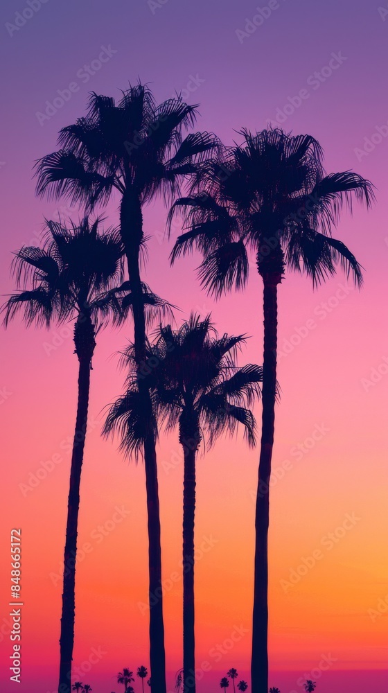 Tropical palm trees: Palm trees silhouetted against a sunset sky, with a gradient from orange to purple, leaving space for text.
Tropical palm trees: Palm trees silhouetted against a sunset sky, with a gradient from orange to purple, leaving space for text.