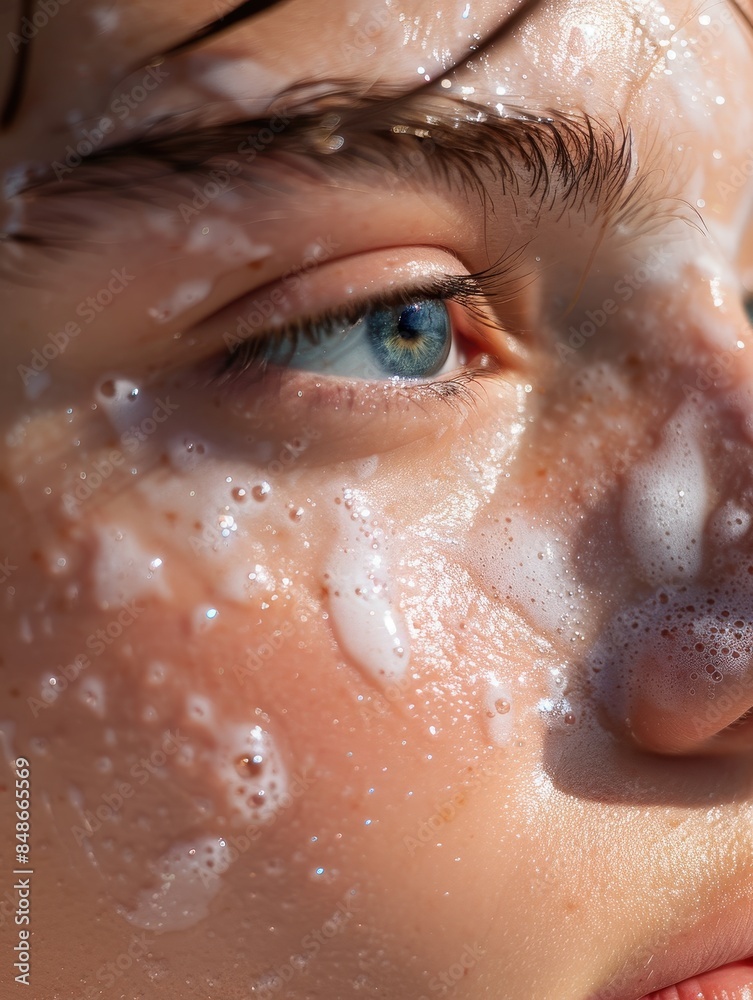 Fototapeta premium Embracing Relief: Close-Up of Person's Face After Applying Pain Relief Topical Cream with Holographic Cooling Effects