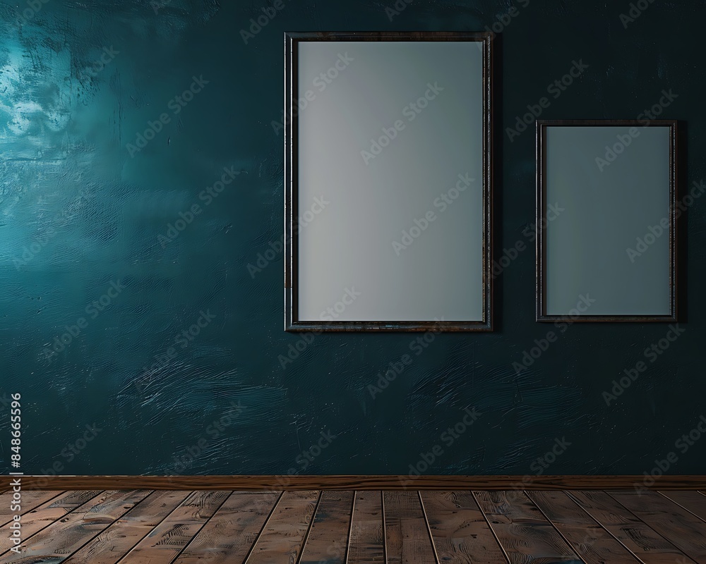 A dark teal wall displaying two empty rectangular blank picture frames, one larger than the other, with a matte wooden floor. The frames are aligned vertically. A dark teal wall displaying two empty rectangular blank picture frames, one larger than the other, with a matte wooden floor. The frames are aligned vertically.