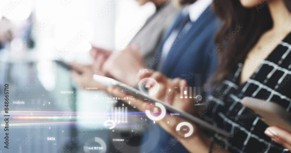 Digital tablet, overlay and stock analytics for people programmer with cybersecurity for hands. Online graph, ux research and information technology dashboard for a employee coding with web data