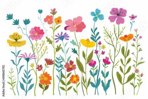 A flat vector illustration of colorful wildflowers in simple shapes against a white background in the style of clip art