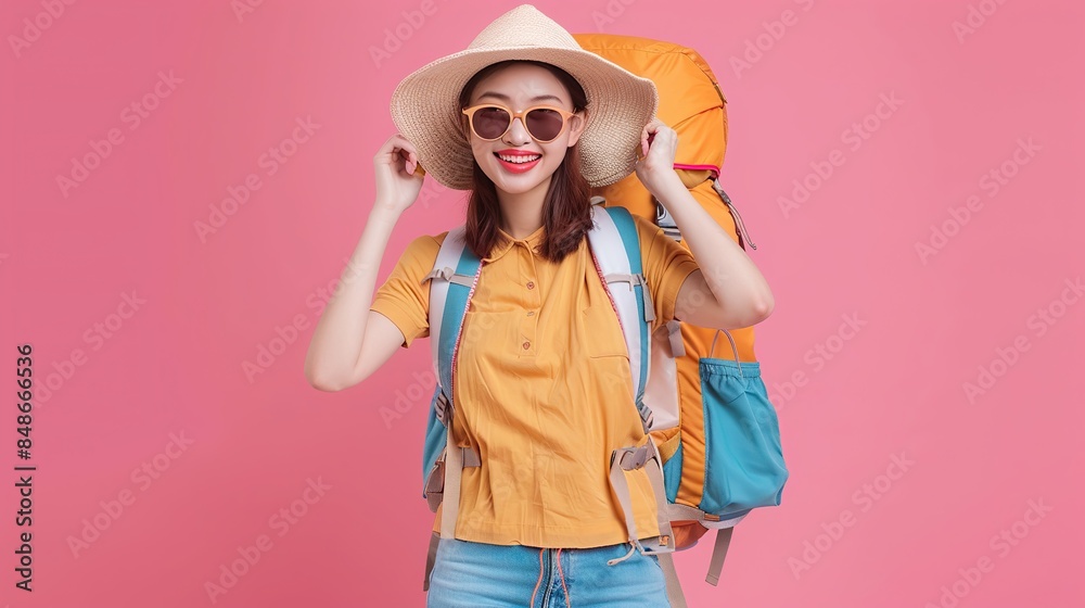 Happy young Asian tourist woman wearing beach hat, sunglasses and backpacks going to travel on holidays on pink background. copy space for text. Happy young Asian tourist woman wearing beach hat, sunglasses and backpacks going to travel on holidays on pink background. copy space for text.