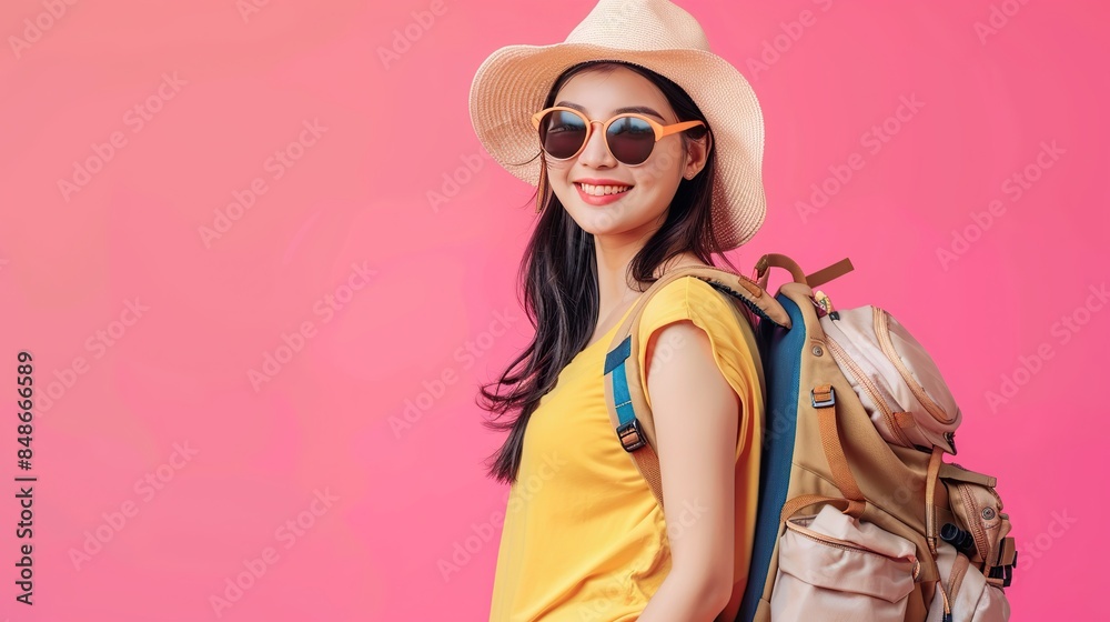 Happy young Asian tourist woman wearing beach hat, sunglasses and backpacks going to travel on holidays on pink background. copy space for text. Happy young Asian tourist woman wearing beach hat, sunglasses and backpacks going to travel on holidays on pink background. copy space for text.