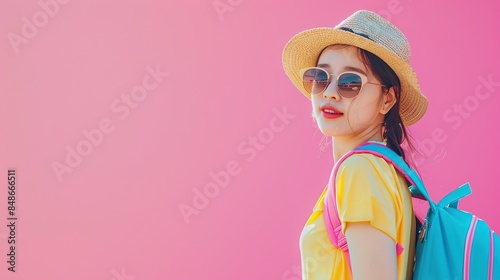 Happy young Asian tourist woman wearing beach hat, sunglasses and backpacks going to travel on holidays on pink background. copy space for text.