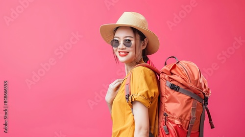 Happy young Asian tourist woman wearing beach hat, sunglasses and backpacks going to travel on holidays on pink background. copy space for text. © Naknakhone