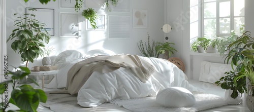 A white bedroom with plants, potted flowers and greenery around the floor