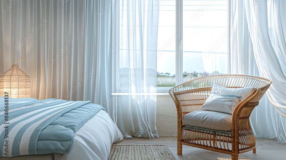 A coastal-themed bedroom, light and airy, with a wicker armchair beside a wide window draped with white sheer curtains, a soft blue and white striped bed. A coastal-themed bedroom, light and airy, with a wicker armchair beside a wide window draped with white sheer curtains, a soft blue and white striped bed.