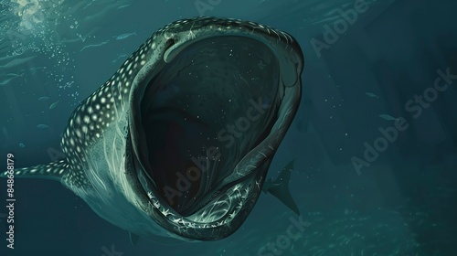 Detailed view of a whale sharkâ€™s mouth open, filter feeding, capturing the grandeur and gentleness of the giant.  photo