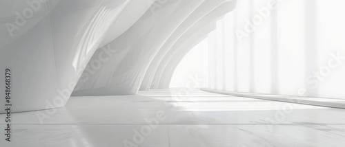 Modern Minimalist White Interior with Curved Architectural Design and Natural Light Streaming Through Large Windows