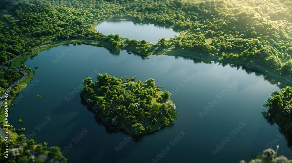 Aerial view of island in the middle and road around it, A lake surrounded by greenery on both sides. Aerial view of island in the middle and road around it, A lake surrounded by greenery on both sides.