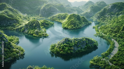 Aerial view of island in the middle and road around it, A lake surrounded by greenery on both sides.