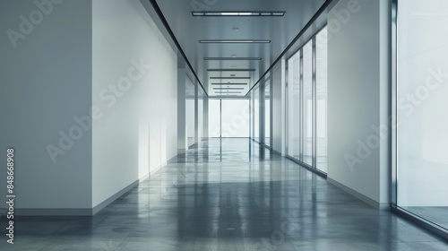 Modern Minimalist Office Hallway with Large Windows and Natural Light, Sleek Design, and Reflective Floors in a Contemporary Corporate Building