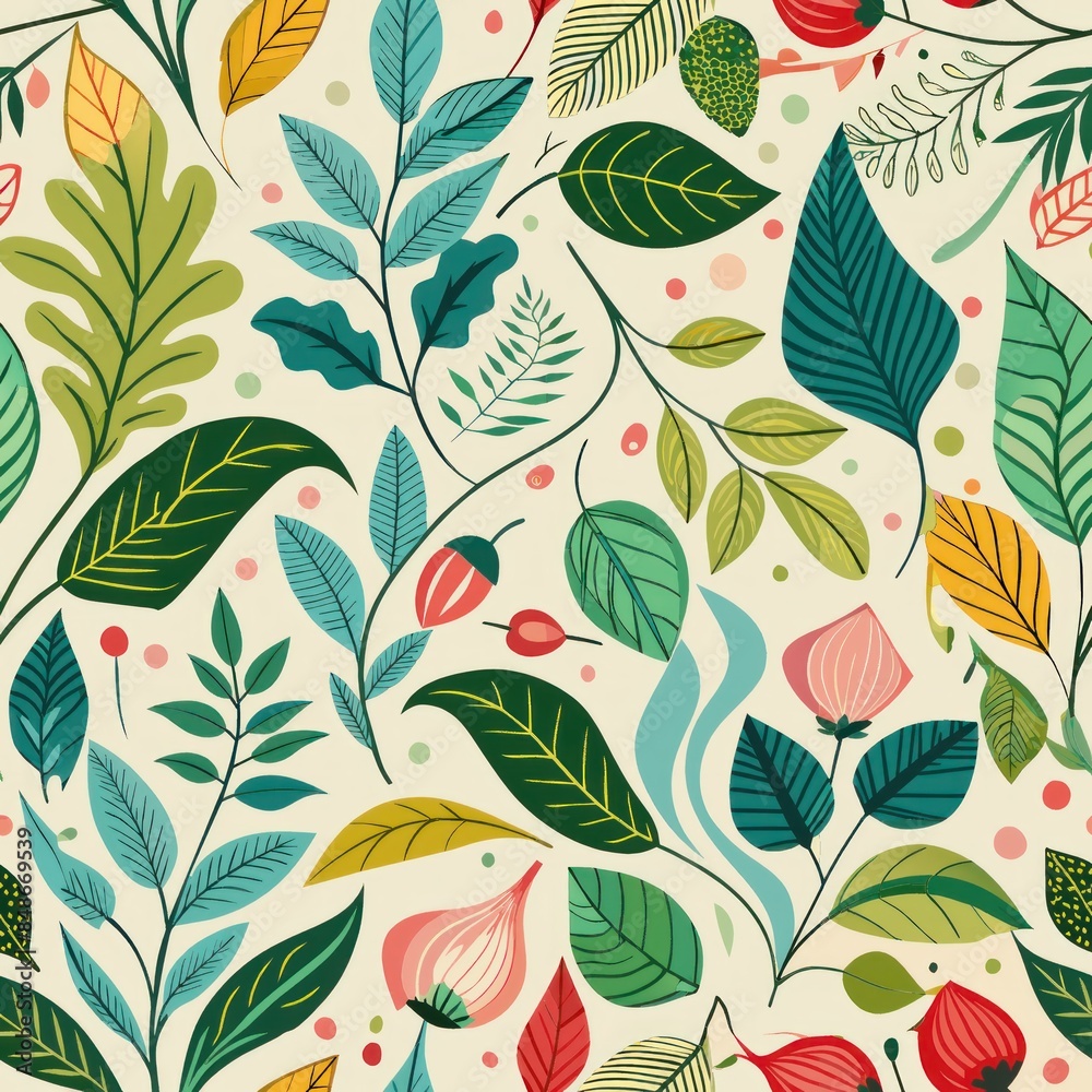 Seamless pattern of whimsical botanical elements and leafy vines, Generative AI Seamless pattern of whimsical botanical elements and leafy vines, Generative AI