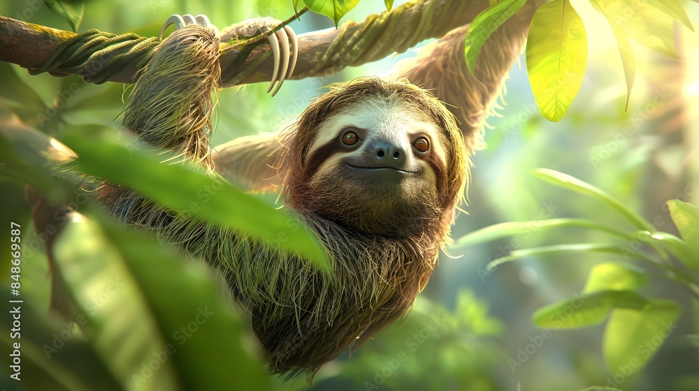 Fototapeta premium Cute and Whimsical Sloth Hanging from Tree Branch in Tropical Rainforest