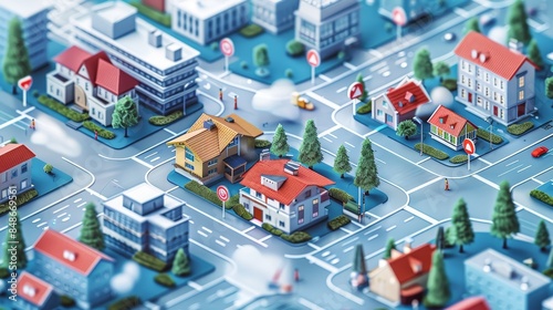 3D vector city map with emergency response features, including shelters, evacuation paths, and marked locations