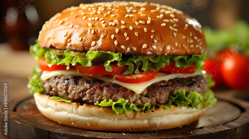Gourmet Burger with Fresh Ingredients on a Wooden Platter, Perfect for Food Lovers and Culinary Promotions