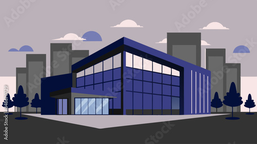 A city building with lights shining through the windows. A building depicted in the darkness of night, with lights emanating from within.