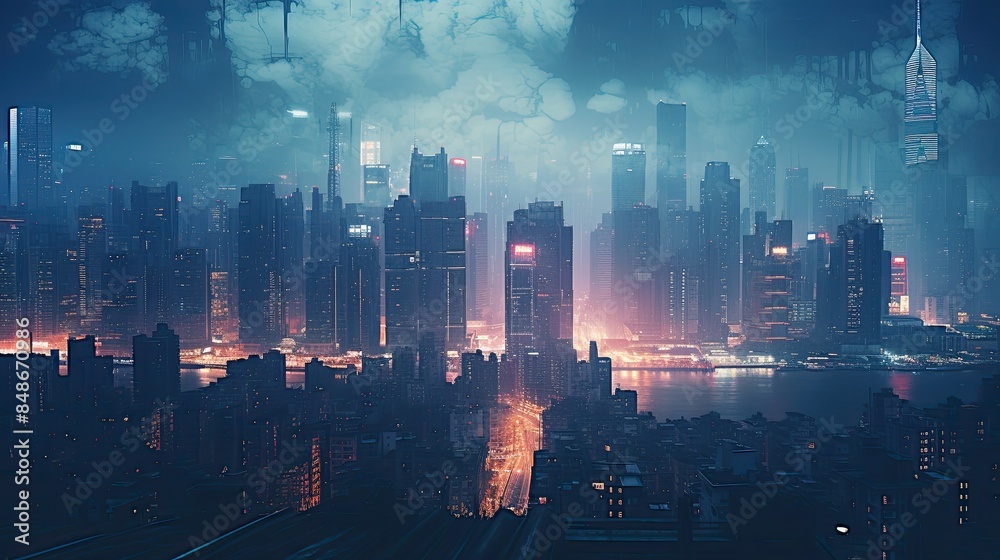 Photograph of a bustling cityscape at night, with the neon lights of skyscrapers illuminating the foggy streets below. Photograph of a bustling cityscape at night, with the neon lights of skyscrapers illuminating the foggy streets below.