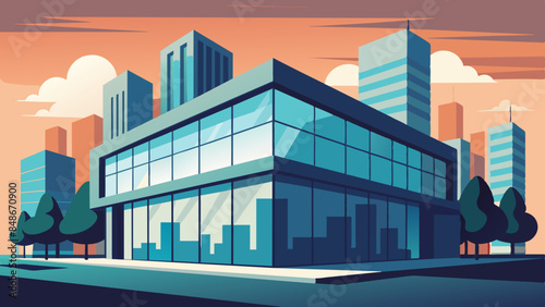 A modern building with a large glass window, showcasing contemporary architecture. Illustration of a contemporary structure with a spacious glass window, representing modernity.