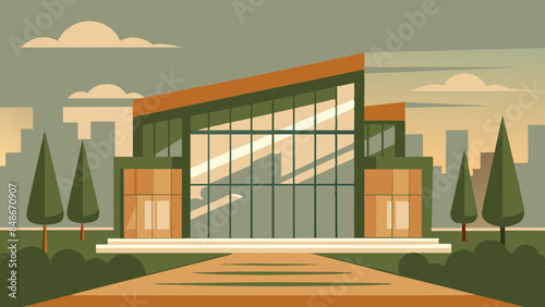 A modern building with a large glass window, showcasing contemporary architecture. Illustration of a contemporary structure with a spacious glass window, representing modernity.