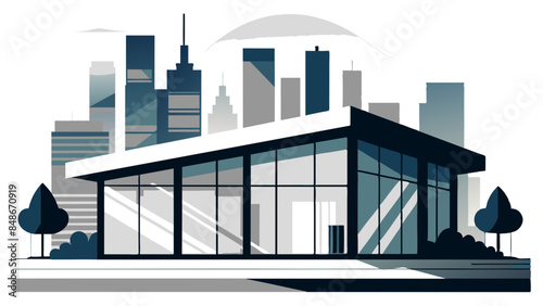 A modern building with a large glass window, showcasing contemporary architecture. Illustration of a contemporary structure with a spacious glass window, representing modernity.
