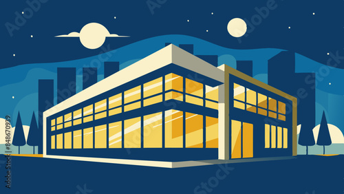 A modern building with a large glass window, showcasing contemporary architecture. Illustration of a contemporary structure with a spacious glass window, representing modernity.
