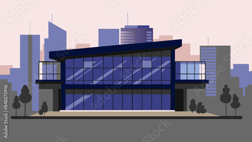 A modern building with a large glass window, showcasing contemporary architecture. Illustration of a contemporary structure with a spacious glass window, representing modernity.