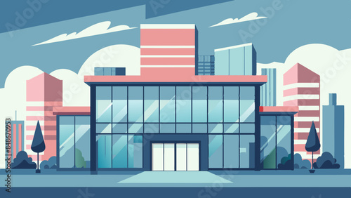 A modern building with a large glass window, showcasing contemporary architecture. Illustration of a contemporary structure with a spacious glass window, representing modernity.