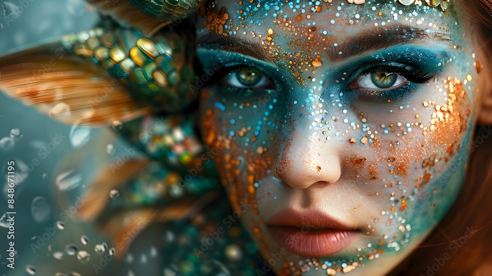 Enchanting Mermaid Inspired Portrait with Shimmering Oceanic Makeup and Scales