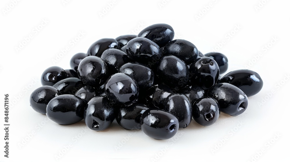 Black olives in a neat pile, isolated on a white background, bright studio lighting, perfect for advertising food products
