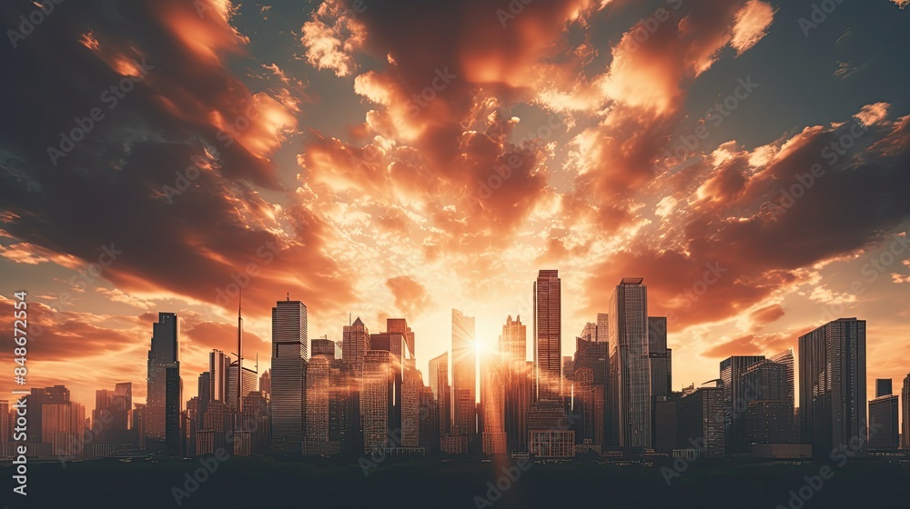 Photograph of a cluster of towering skyscrapers piercing the clouds, bathed in the warm hues of a setting sun. Photograph of a cluster of towering skyscrapers piercing the clouds, bathed in the warm hues of a setting sun.
