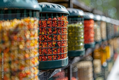 Closeup image of bird food pellets, illustrating the blend of seeds and nutrients, close up, focus on, selective focus avian diet dynamic Multilayer backdrop of a birdcage photo