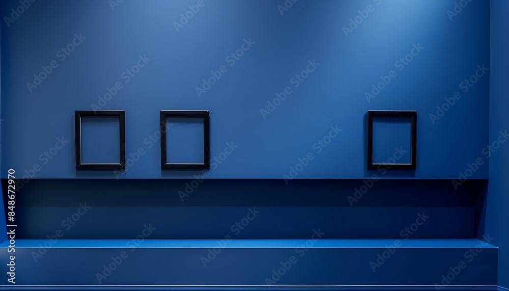 A minimalist bathroom with a deep blue wall, featuring three small empty black frames in a horizontal line. A minimalist bathroom with a deep blue wall, featuring three small empty black frames in a horizontal line.