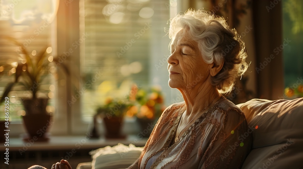 Serene Senior Woman Practicing Meditation in Bright and Peaceful Living Room Serene Senior Woman Practicing Meditation in Bright and Peaceful Living Room