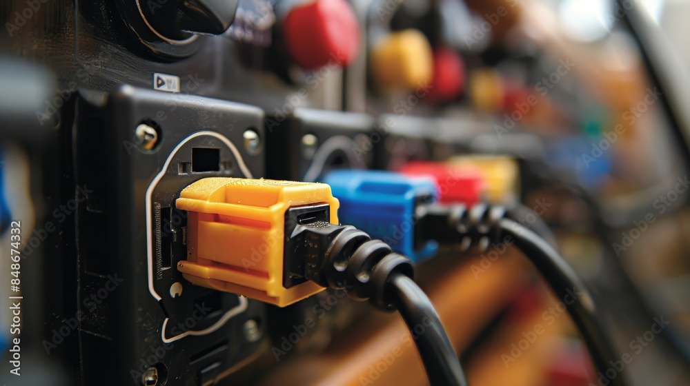 Close-up image of various plugs connected to a low-voltage power outlet, emphasizing the intricate details and textures of the plugs and outlet, showcasing everyday electrical usage Close-up image of various plugs connected to a low-voltage power outlet, emphasizing the intricate details and textures of the plugs and outlet, showcasing everyday electrical usage