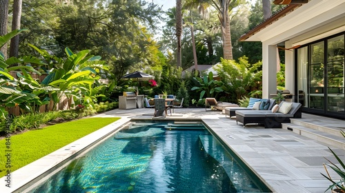 Wallpaper Mural Luxurious Backyard Oasis with Sparkling Pool and Lush Foliage Torontodigital.ca