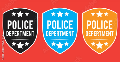 Police badges. Officer government badge, special police security medallion and federal agent signs. Simple illustration of police badge vector icon collection.
