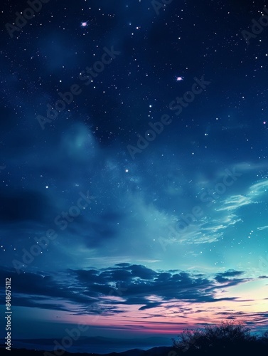 sky at night with stars, clouds, blue and purple gradient, space, galaxy, observing the stars, astronomy, night sky environment, background, dark, sunset, Generative AI  © Frame Echo