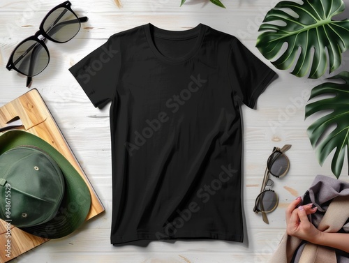 Black T-Shirt Mockup on a Wooden Background