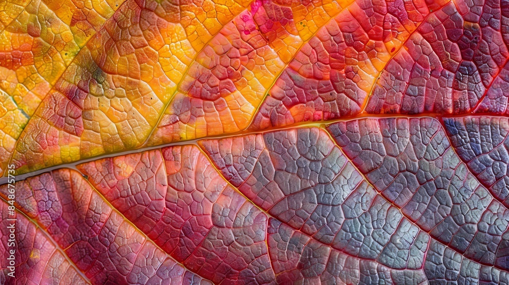 Obraz premium Close-up view of a colorful leaf with rich hues of red, orange, and yellow, highlighting the fine details and unique patterns