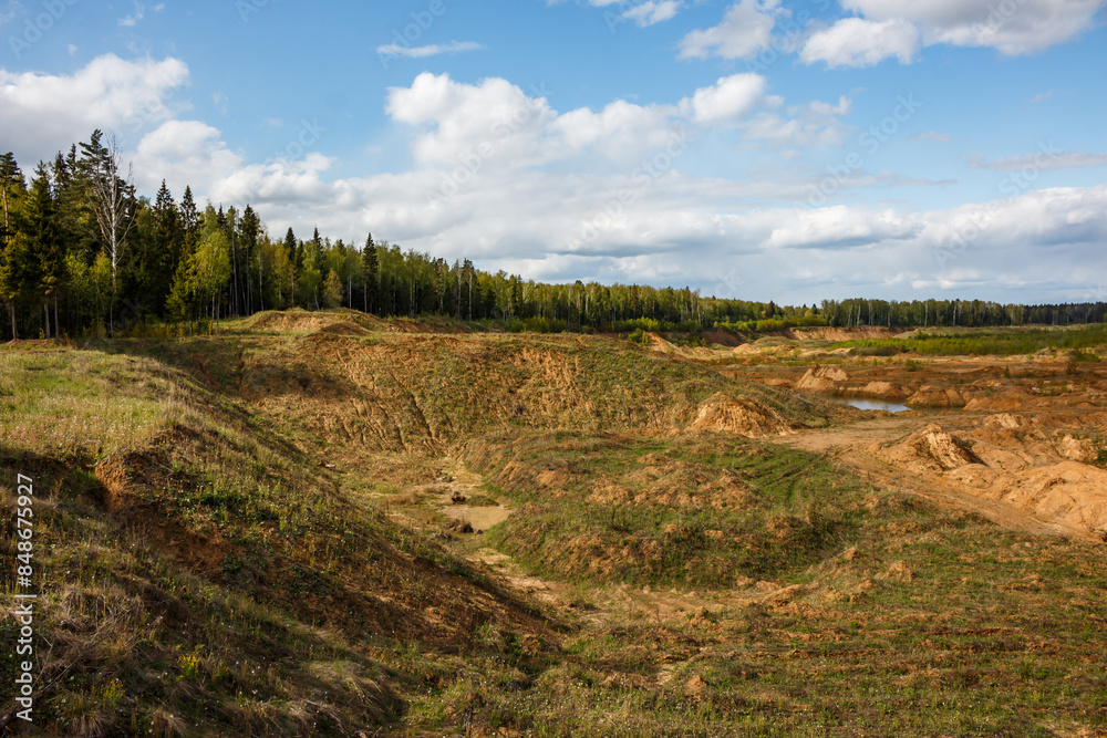 Naklejka premium Landscape of an overgrown sand quarry after mining