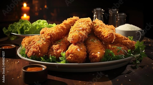 Buffalo wings with melted hot sauce on a wooden table with a blurred background